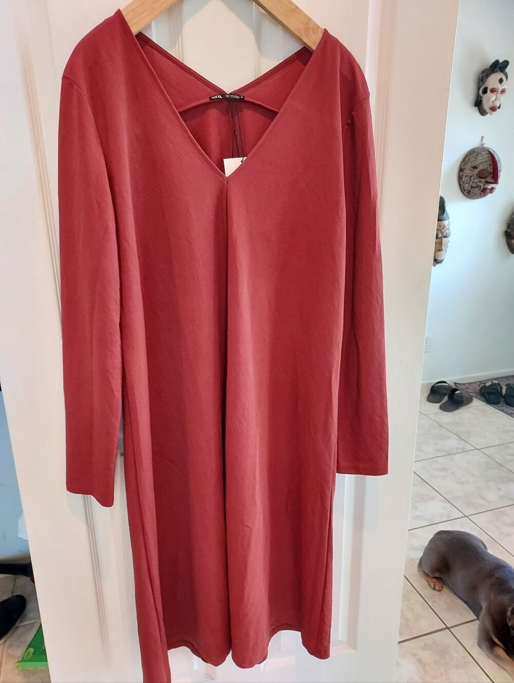 Zara Long-Sleeve V-Neck Dress in Deep Red. NWT